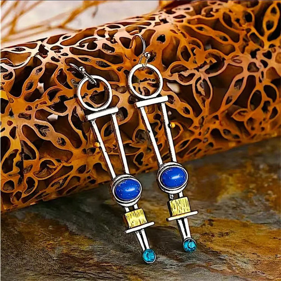 Silver Vintage Handmade Geometric Boho Abstract Dangle Handmade Earrings - Picture 3 of 6